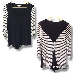 Charming Charlie Medium Striped Blouse-Button Down Back-Roll Tab Sleeve-Classic